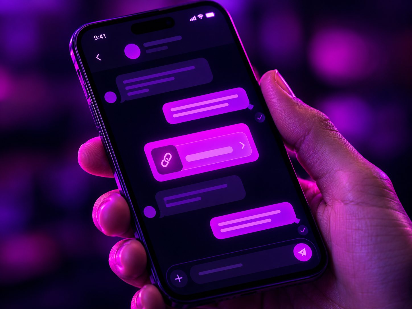 Mano sosteniendo un celular con un link de pago de Hukpay listo para compartir