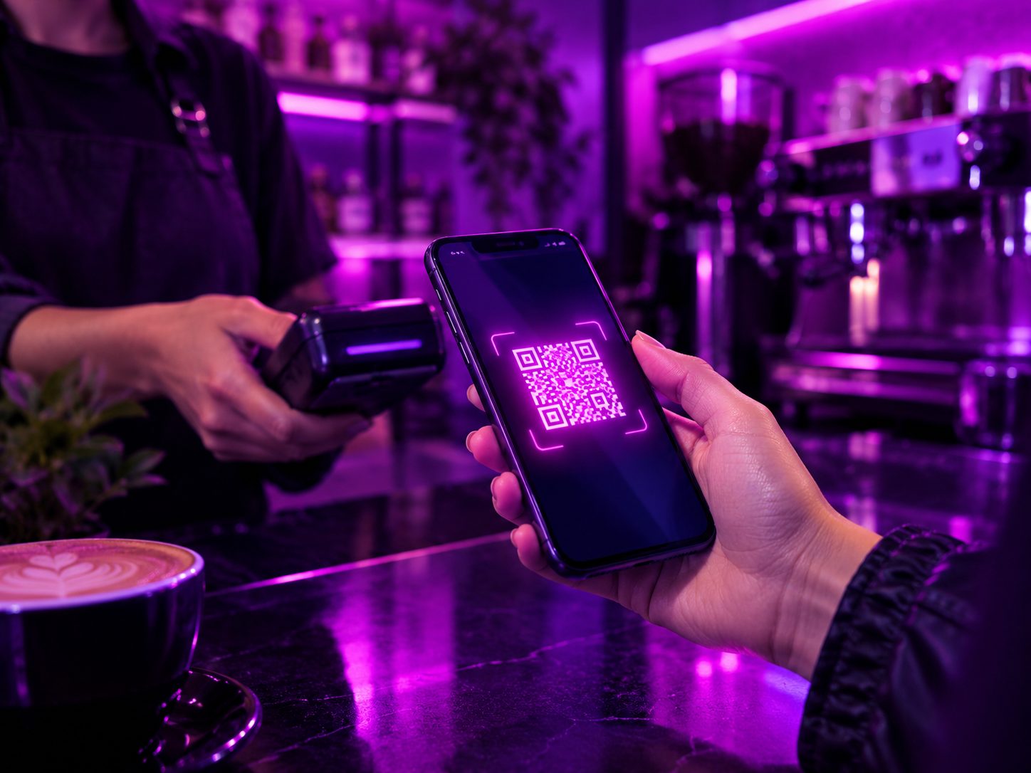 Mano sosteniendo un celular que escanea un código QR de Hukpay en una tienda